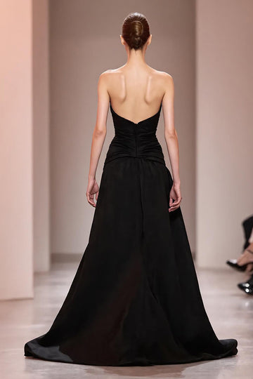 Błyszcząca Czarny Satynowa Długa Kształcie Litery A Suknia Wieczorowa z Koralikami